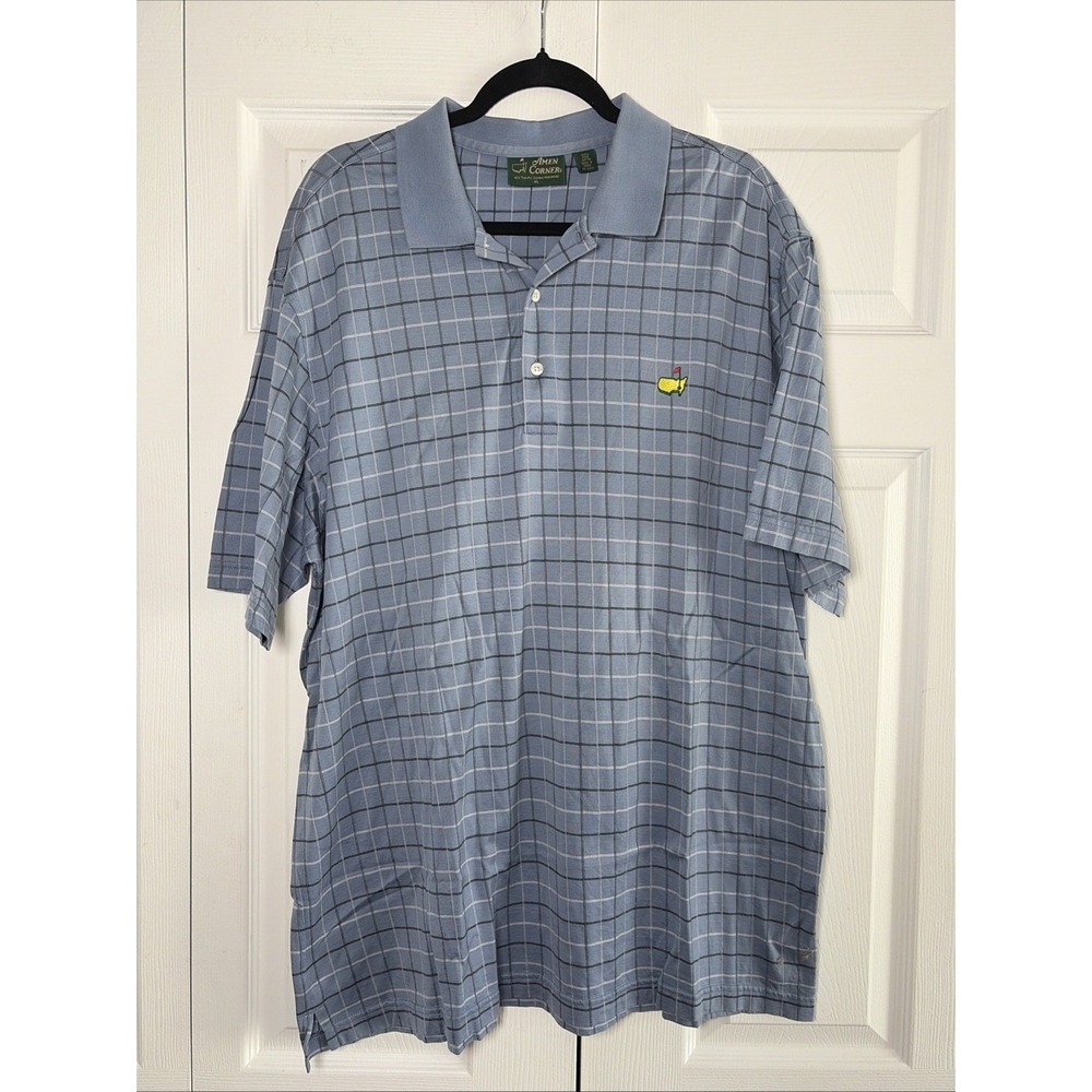 Amen Corner Masters Golf Polo Mens XL Blue Check Pima Cotton Short Sleeve Shirt